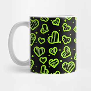 Bright Green Artistic Sketchy Hearts Seamless Pattern on Black Background Mug